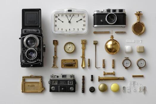 arreglo de Clásico camaras, relojes, y metálico objetos en un blanco superficie foto