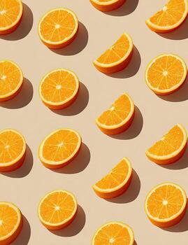 gastos generales Disparo de un repitiendo modelo presentando rebanado naranjas y porciones en un ligero beige antecedentes foto