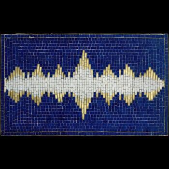 Mosaic artwork depicting a sound wave. Rectangular piece, dark blue background, with a central band of white and gold mosaic tiles forming a wave-like pattern photo
