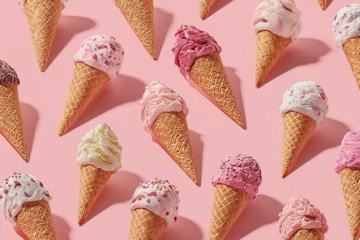 Pattern of colorful ice cream cones on a pink background. Cones are light to dark pink photo
