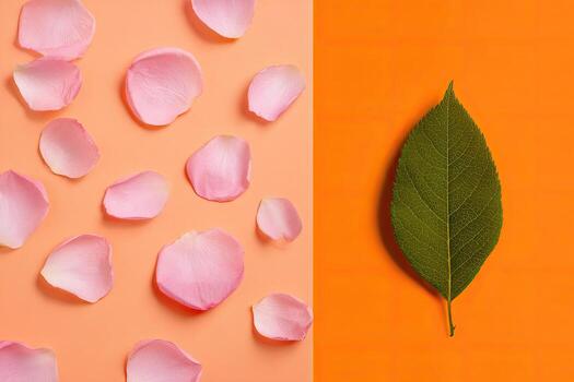 Split image pink petals on peach, green leaf on orange. Contrasting nature elements photo