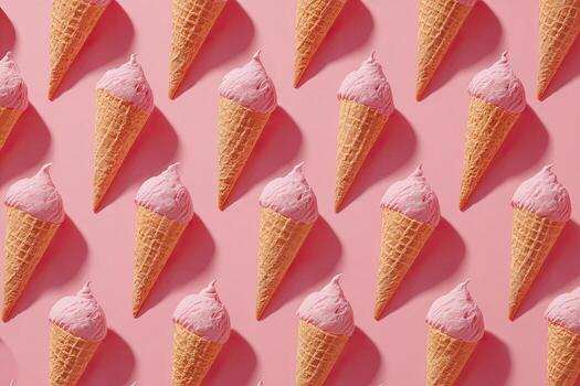 Uniform arrangement of pink ice cream cones on a light pink background, casting subtle shadows photo