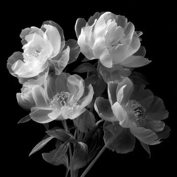A grayscale close-up of a bouquet of peonies. Soft, diffused light highlights the delicate petals, creating a luminous effect against a black background. The flowers are in varying stages of bloom, showcasing the intricate folds and textures photo