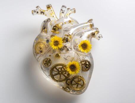 A transparent heart, filled with intricate golden gears and small yellow flowers, sits on a plain white background. Inside the heart, miniature gears and clockwork components are visible, creating a mechanical, botanical design photo