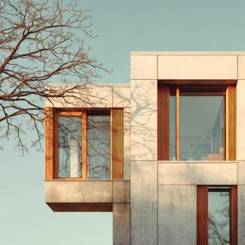 Modern concrete building with wood accents, shadows, and bare tree photo