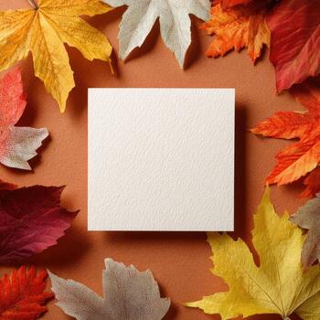 Blank card framed by colorful autumn leaves, presented on a warm, earthy backdrop photo