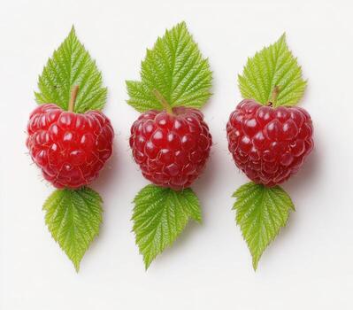 Three bright red raspberries, each atop a fresh green leaf, arranged in a horizontal row against a white background photo