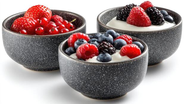 Three small, dark gray speckled bowls filled with yogurt topped with assorted berries. Fresh strawberries, red currants, raspberries, blueberries, and blackberries are visible. Isolated on white background photo