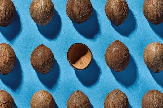 Scattered coconuts, one split open, on a vibrant blue surface. Simple overhead composition photo