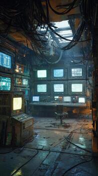 Dark, cluttered control room filled with old monitors photo