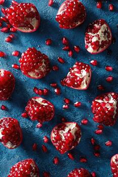 Overhead shot of ruby red pomegranate fruit sections and loose seeds on a textured blue surface photo
