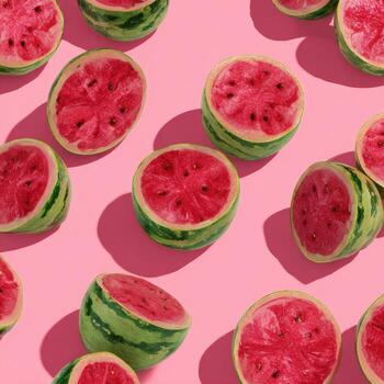 Overhead shot of evenly spaced, halved watermelons on a vibrant pink background photo
