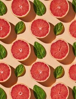 Pattern of ruby-red citrus slices with green leaves on a beige surface photo