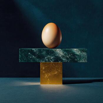 A balanced egg atop a green marble rectangle on a gold block, against a dark blue background photo