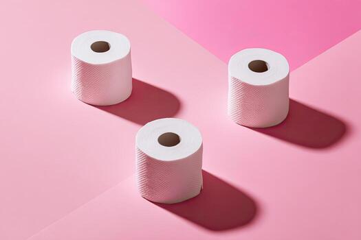 Three rolls of white toilet paper cast distinct shadows on a geometric pink and rose background photo
