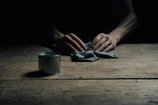 Hands carefully fold a gray cloth on a rustic wooden table next to a metal container photo