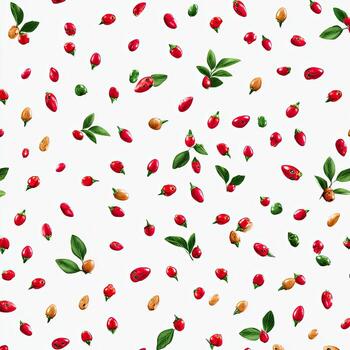 Scattered pattern of small red, green, and tan fruit with green leaves on a white background photo