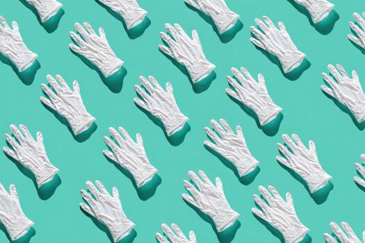 White medical gloves arranged in a grid pattern on a vibrant teal background photo