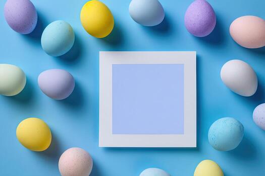 Pastel Easter eggs scattered around a blank, square frame against a soft blue background photo