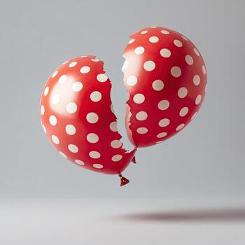 A red polka dot balloon bursts, with two separated halves floating on a gray backdrop photo