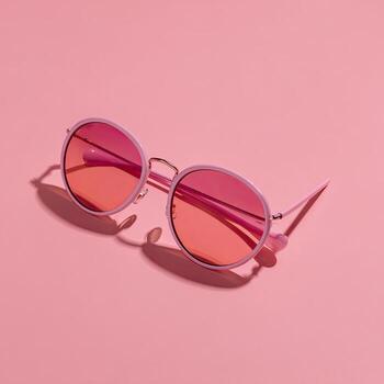 Pastel-colored round sunglasses with ombre lenses cast a shadow on a pink background photo