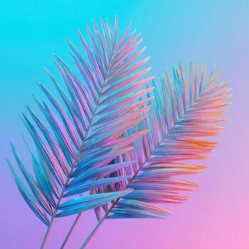 Three vibrant palm fronds rendered in iridescent hues against a gradient background photo
