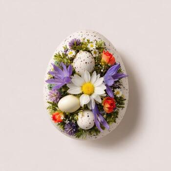 Decorative egg with floral arrangement, surrounded by smaller eggs. White background photo