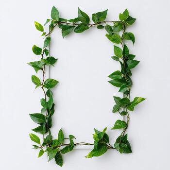 Green leafy vine frames a blank rectangle against a white background photo