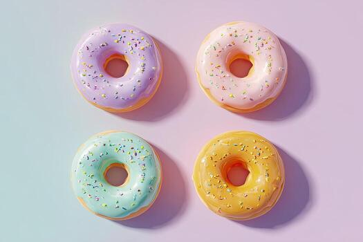 Four glazed donuts, pastel frosted with sprinkles, arranged in a square on a gradient background photo