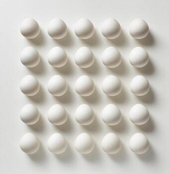 A square grid of white eggs, evenly spaced, on a clean, neutral, light background photo