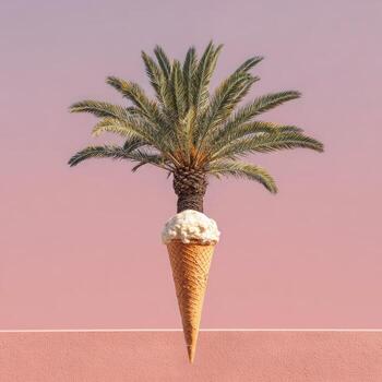 A surreal image merges a palm tree's crown with an ice cream cone, set against a gradient backdrop photo