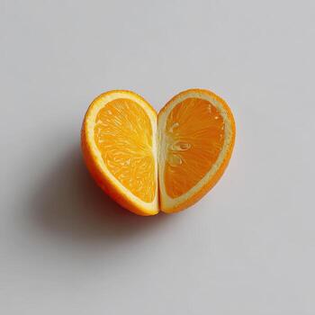 Halved orange halves, arranged to form a heart shape, casting a shadow on a white surface photo