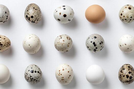 Overhead shot showing rows of speckled bird eggs contrasted with chicken eggs on white photo