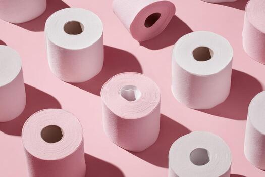 Rolls of toilet paper, some pink, arranged against a pink background with shadows photo