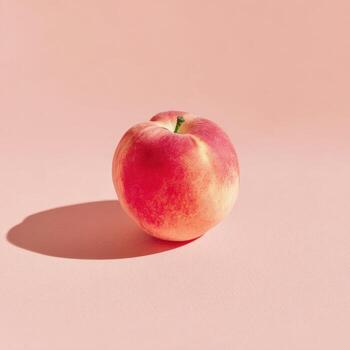Close-up of a single peach with a green stem casting a shadow on a pastel pink surface photo