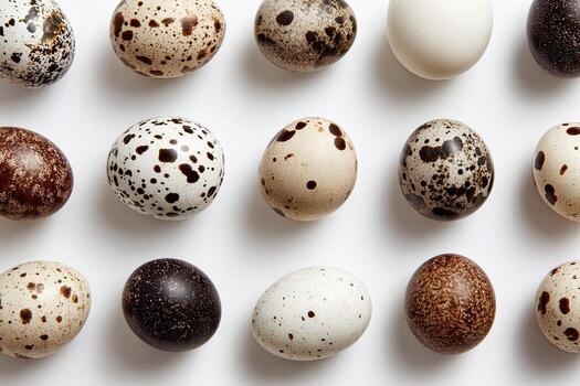 Overhead shot displays a diverse assortment of speckled and smooth eggs against a white backdrop photo