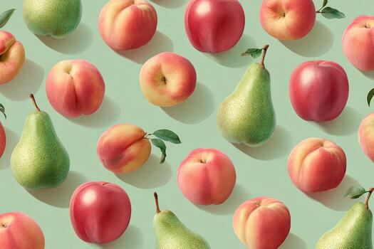 A colorful arrangement of peaches, pears, and apples cast shadows on a light-green backdrop photo