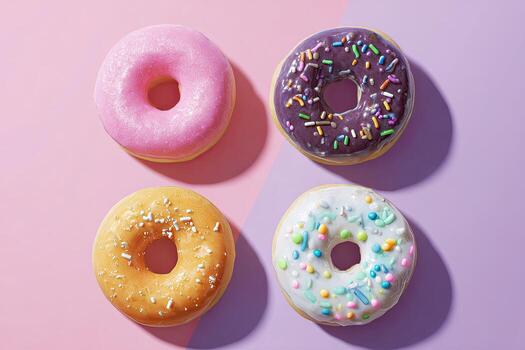 Four colorful donuts with varied frostings and sprinkles are arranged diagonally photo