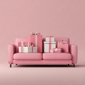 Pastel pink sofa adorned with wrapped gifts in varying sizes, centered against a pink backdrop photo