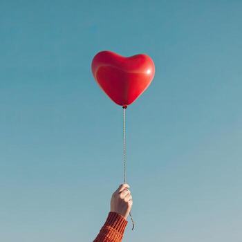 A red, heart-shaped balloon floats against a cloudless blue sky, held by a hand photo
