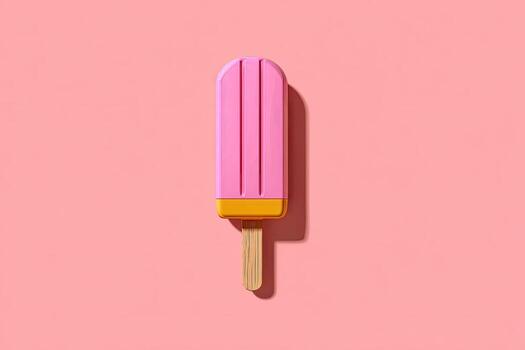 Pink popsicle with ridged body and wooden stick on a matching, brightly lit background photo