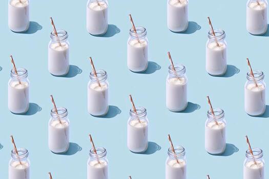 Seamless repeating pattern of glass milk bottles with straws on a light blue surface photo