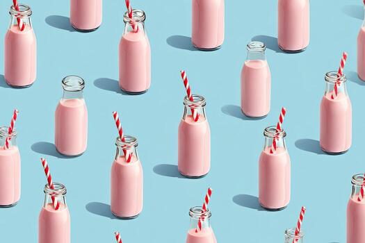Pattern of pink drinks in small glass bottles with red and white striped straws, blue backdrop photo