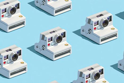 Overhead shot of identical instant cameras arranged in a grid on a light blue background photo