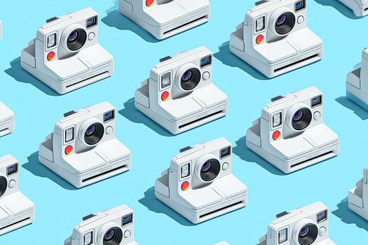 Repeated angled, white instant cameras against a solid, bright blue backdrop, creating a pattern photo