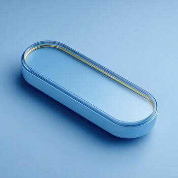 Angled, isometric view of an oblong, sky blue case with gold trim and reflective surface photo