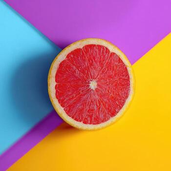 A sliced grapefruit rests on a vibrant geometric background of blue, purple, and yellow photo