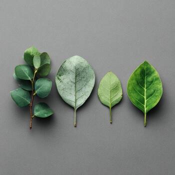 Four different leaves, from branch with many to single large ones, on a grey background photo