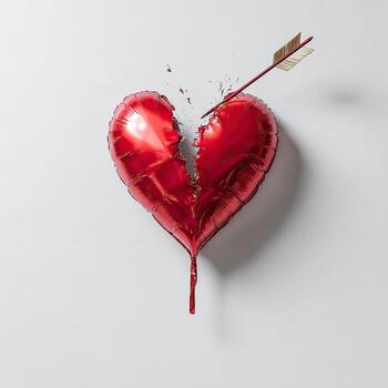 A red heart balloon pierced by an arrow, split in two, against a white background photo