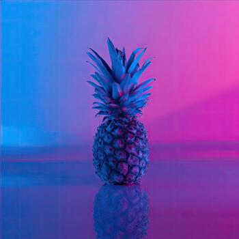 A pineapple, lit with vibrant pink and blue light, against a gradient background, reflected photo